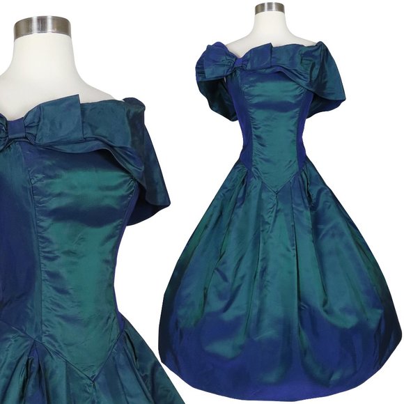 Vintage 80s 90s Dark Blue Green Taffeta Full Skirt Bow Prom Party Dress S Small - Picture 1 of 10